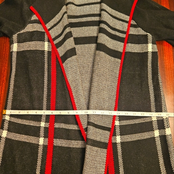 Charter Club Open Front Chunky Knit Black Red White Plaid Cardigan Sz XL - Picture 6 of 10